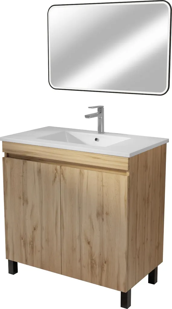 Meuble de Bain 70 cm Chêne Naturel à Portes et Vasque Robuste en Céramique