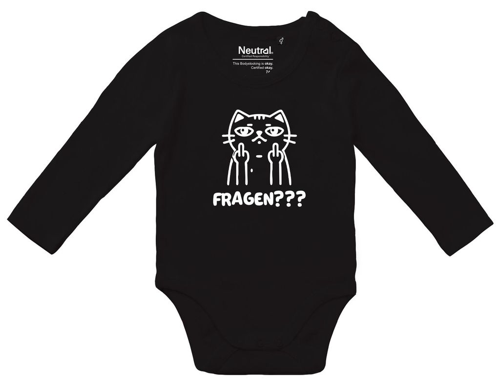 Huuraa Baby Body Fragen? grimmige Katze 62 Black Baumwolle Fairtrade Langarmbody Geschenkidee