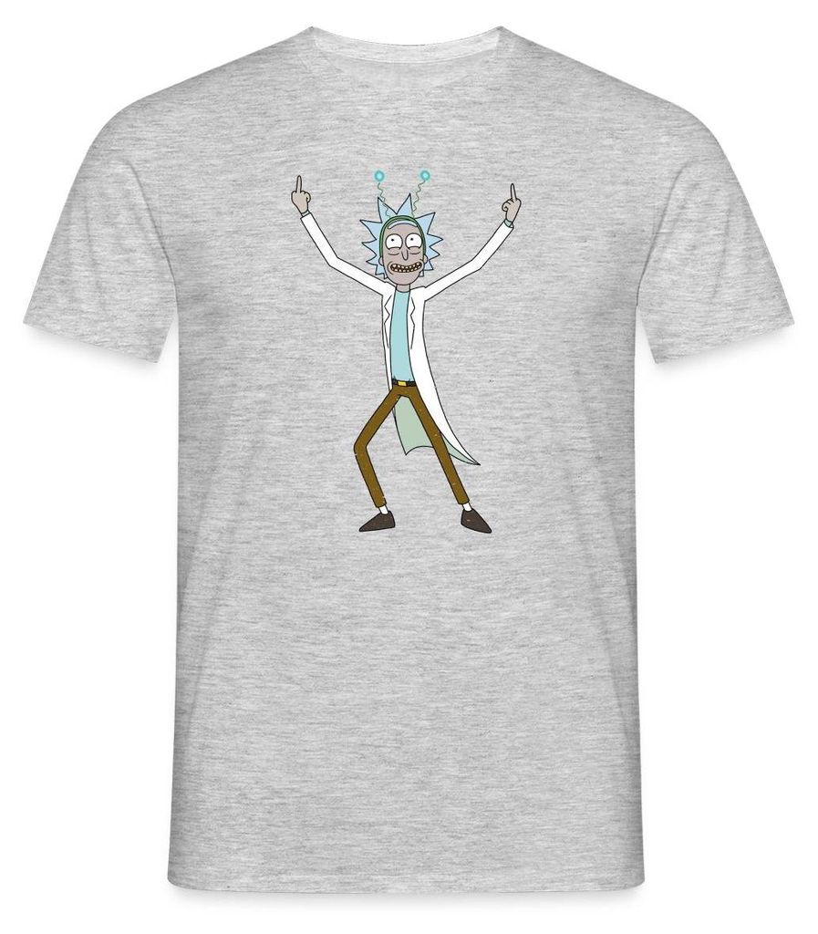 Spreadshirt Rick & Morty Rick Sanchez Pose Mittelfinger Männer T-Shirt, XXL, Grau meliert
