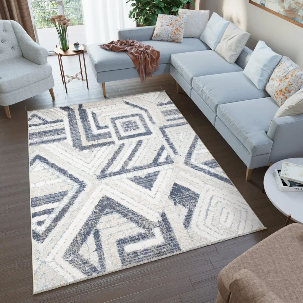 Grand Tapis RIVIOLI Design Beige et Gris - Texture Douce 120x170 cm