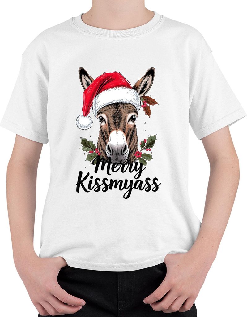 Merry Kissmyass lustiger Esel Weihnachtsesel Weihnachtsmütze Uni Kinder T-Shirt, Weiß, 116