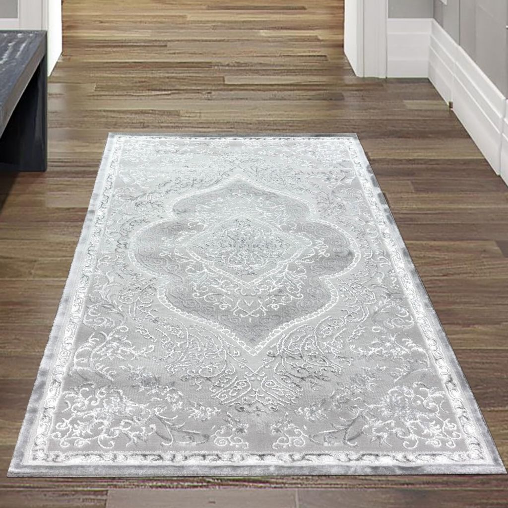 Orient Teppich mit Verzierungen Hoch-Tief Effekt grau beige Produktbild 