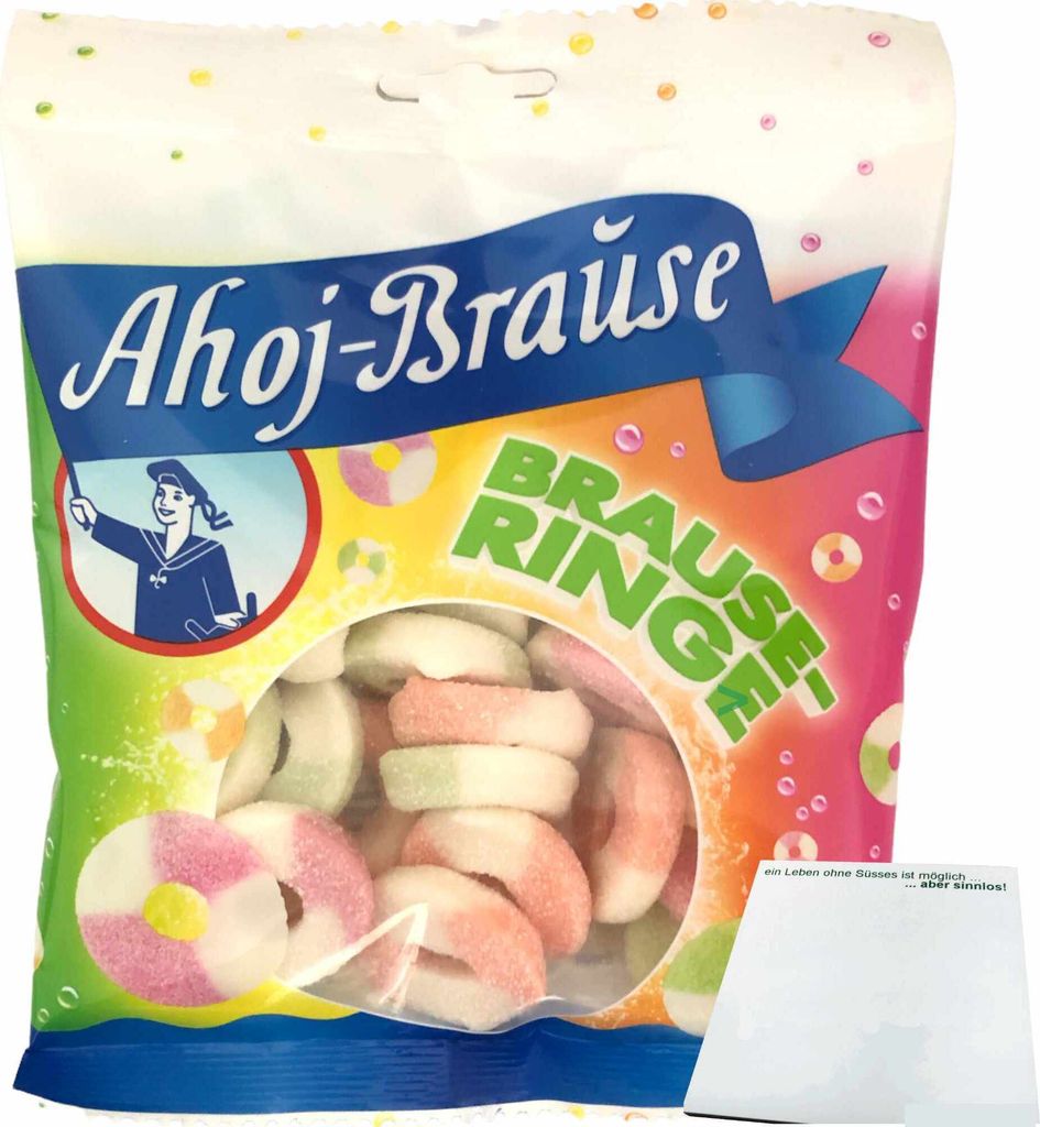 Ahoj-Brause Brause Ringe soft Prickelnd-Saure Fruchtgummi-Ringe mit Brause ummantelt (150g Tüte) + usy Block
