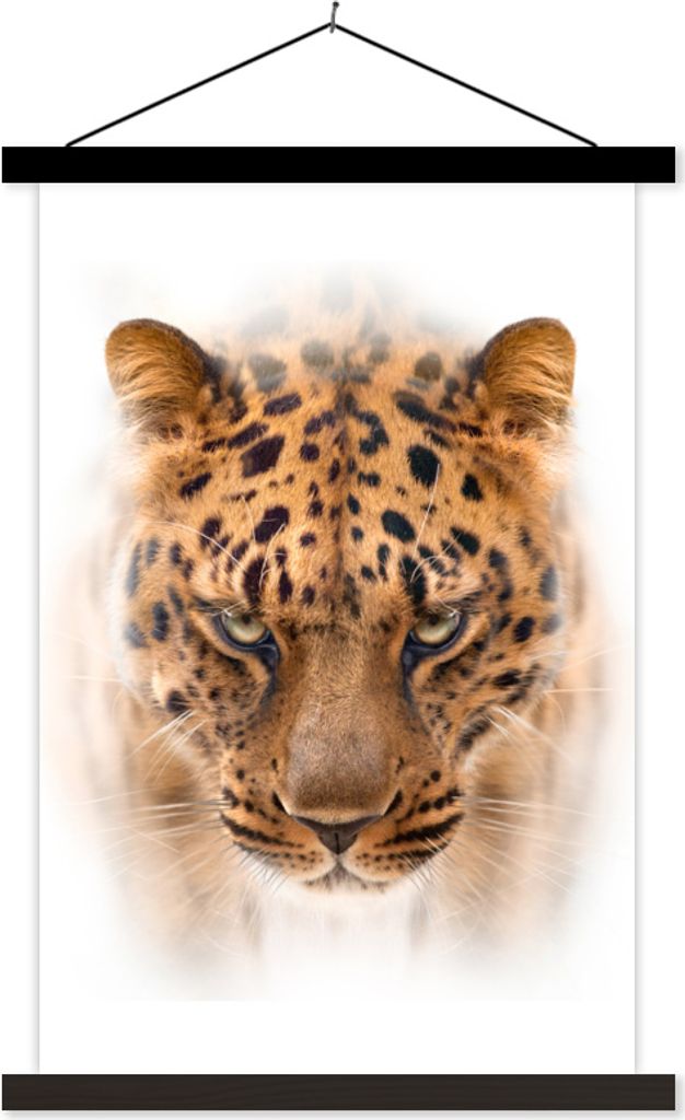 MuchoWow Textilposter Leopard - Kopf - Weiß 60x90 cm mit schwarzem Rahmen - Poster Wohnzimmer