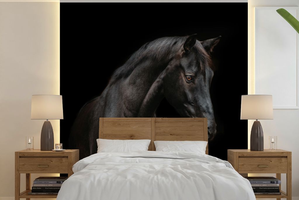 MuchoWow Fototapete für Wohnzimmer oder Schlafzimmer Wandtapete Vinyl Motivtapete Pferd - Tier - Schwarz - 260x260 cm - Papiertapeten