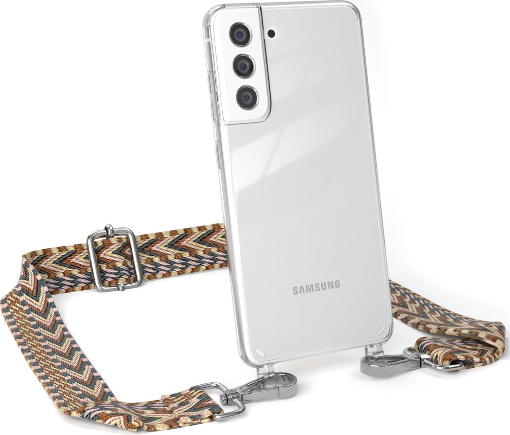 EAZY CASE Handykette - Verstellbarer Trageriemen kompatibel mit Samsung Galaxy S21 FE 5G, Handykordel mit transparenter Silikon-Hülle, Band in Braun