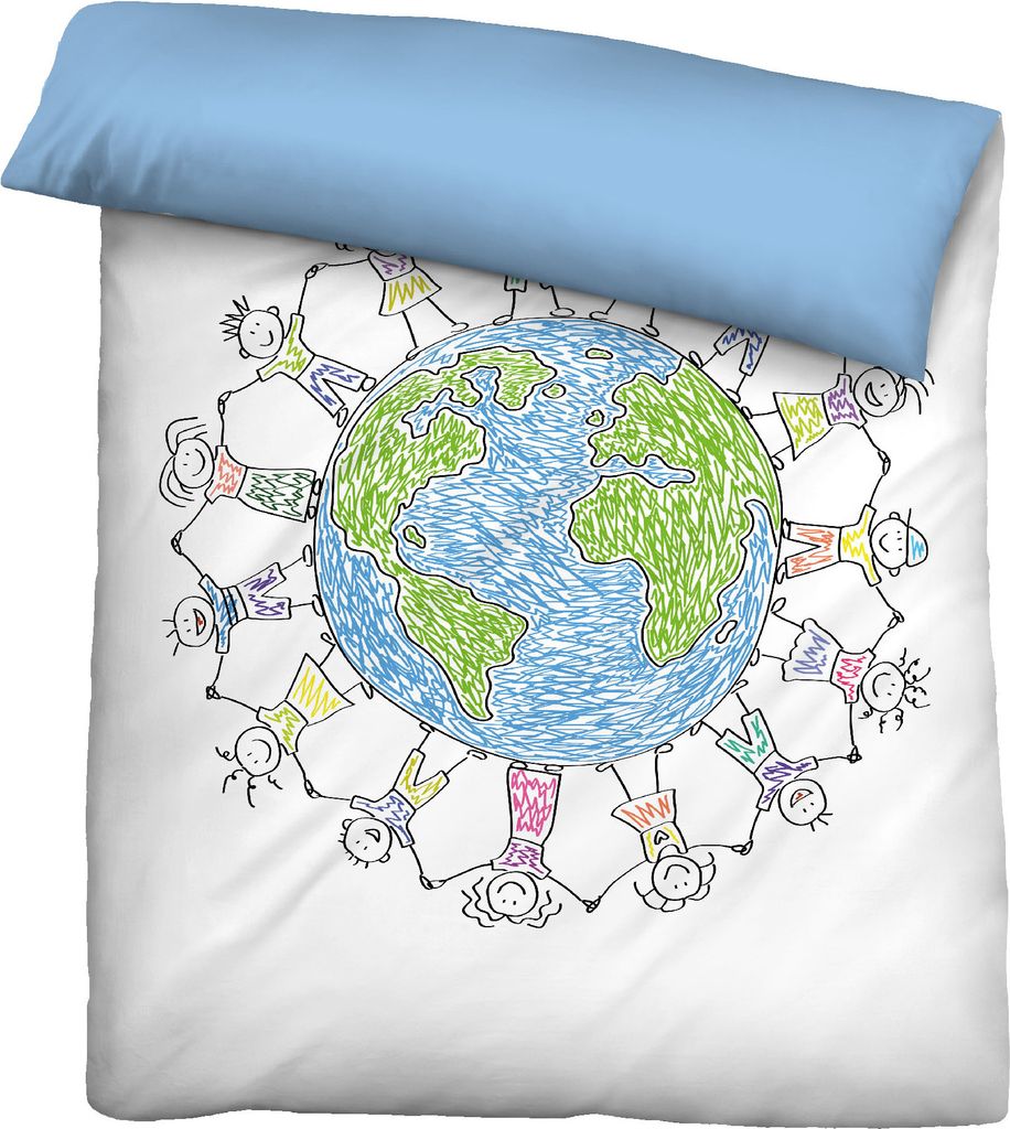 Biberna Linon Bettwäsche Erdkugel Größe 135x200/80x80 cm azurblau
