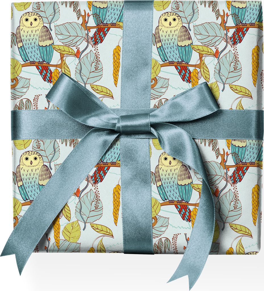 Tolles Eulen Geschenkpapier mit Eulen auf Ästen, hellblau, grün - G23006, 32 x 48cm