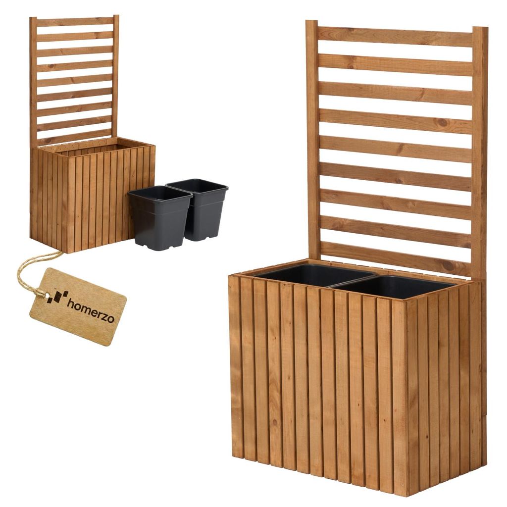 Pflanzkübel mit Rankgitter Spalier mit Pflanzkasten Blumenkasten aus Holz Hochbeet mit 2x18L Pflanzeneinsatz (vertikal-braun, 67x36x55 H132)