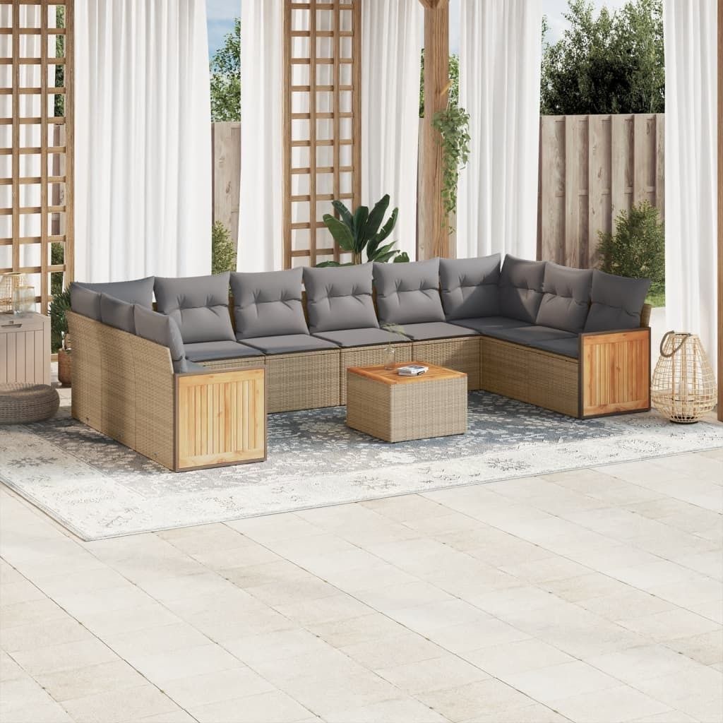 11-tlg. Garten-Sofagarnitur mit Kissen Beige Poly Rattan 3228012