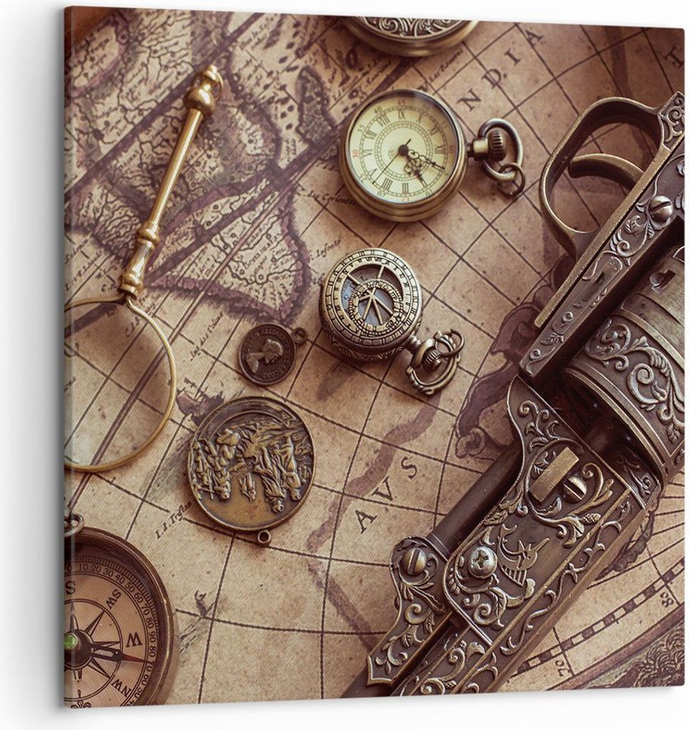 Bild auf Leinwand - Leinwandbild - Einteilig - Kartographie Vintage Kompass - 50x50cm - Wand Bild - Wanddeko - Wandbilder - Leinwanddruck - Bilder ...