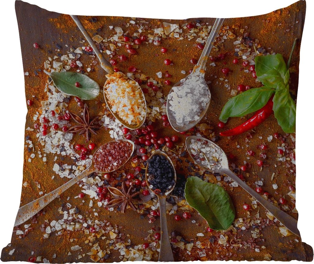 MuchoWow Outdoor Kissen - Gewürze - Kräuter - Löffel - Salz - Braun - Küche - 45x45 cm - Wetterfest - Lounge Kissen - Fotokissen - Dekorative...