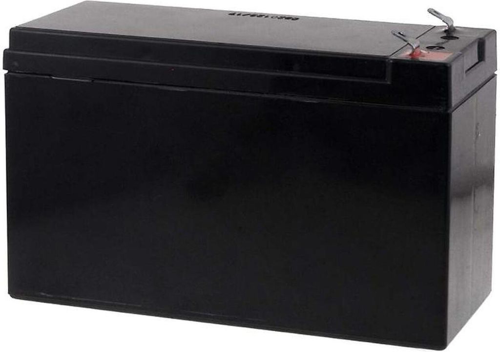 A black battery is shown from a slightly elevated side angle.