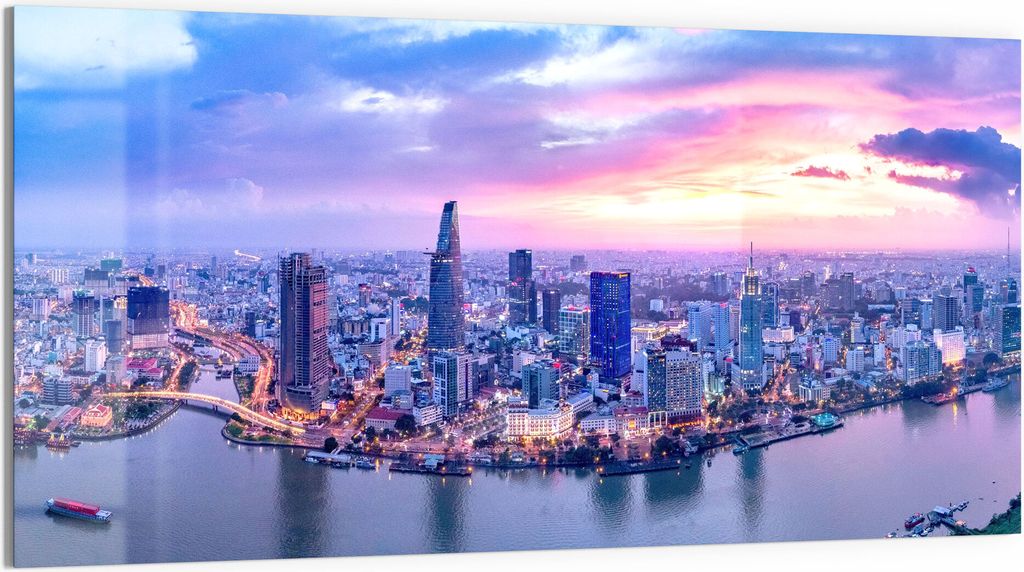 DEQORI Glasbild Acryl 100x50 cm 'Panorama von Ho Chi Minh' Wandbild Bild modern Deko