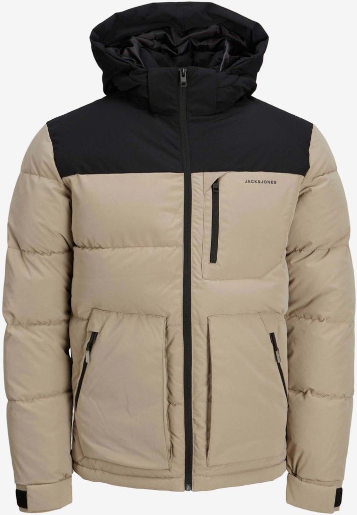 Schwarz-beige gesteppte Winterjacke mit Kapuze Jack & Jones Otto - XL