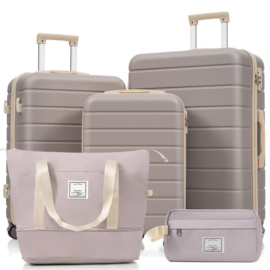 A set of luggage including three suitcases and two bags, arranged on a white background.