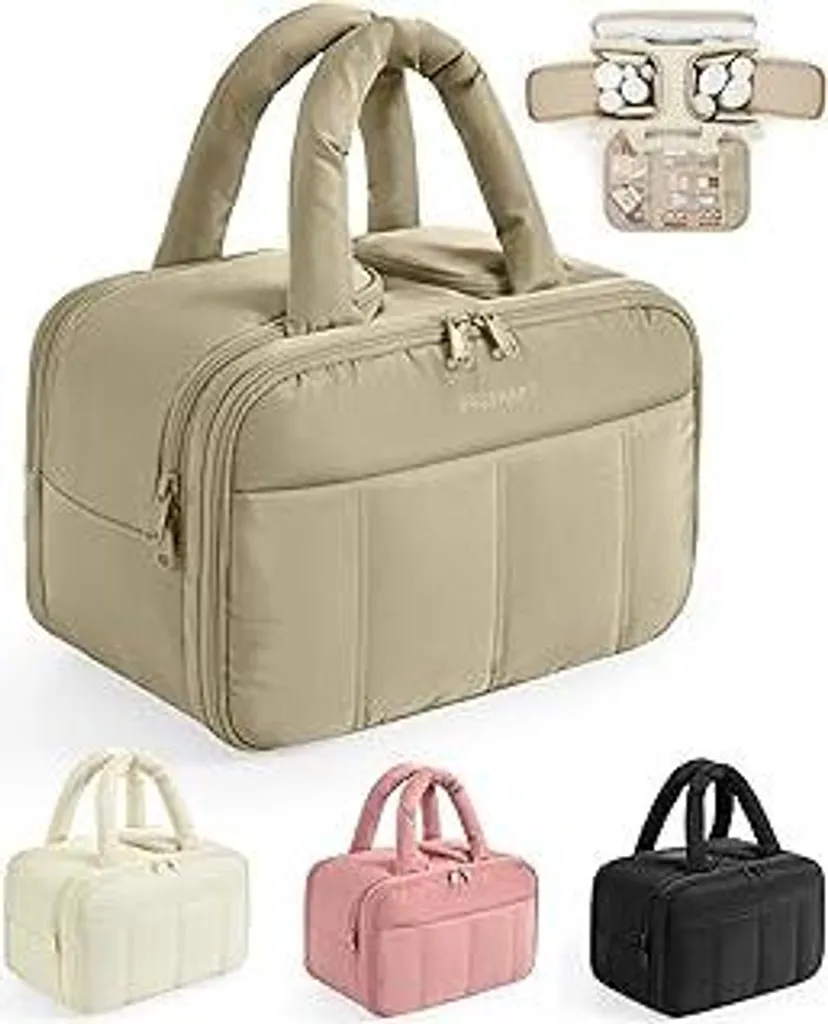 BAGSMART Borsa da toilette da donna, borsa cosmetici da viaggio Grande borsa da toilette da appendere per donne, organizer per trucchi con manico per viaggi, borsa da toilette impermeabile, marrone