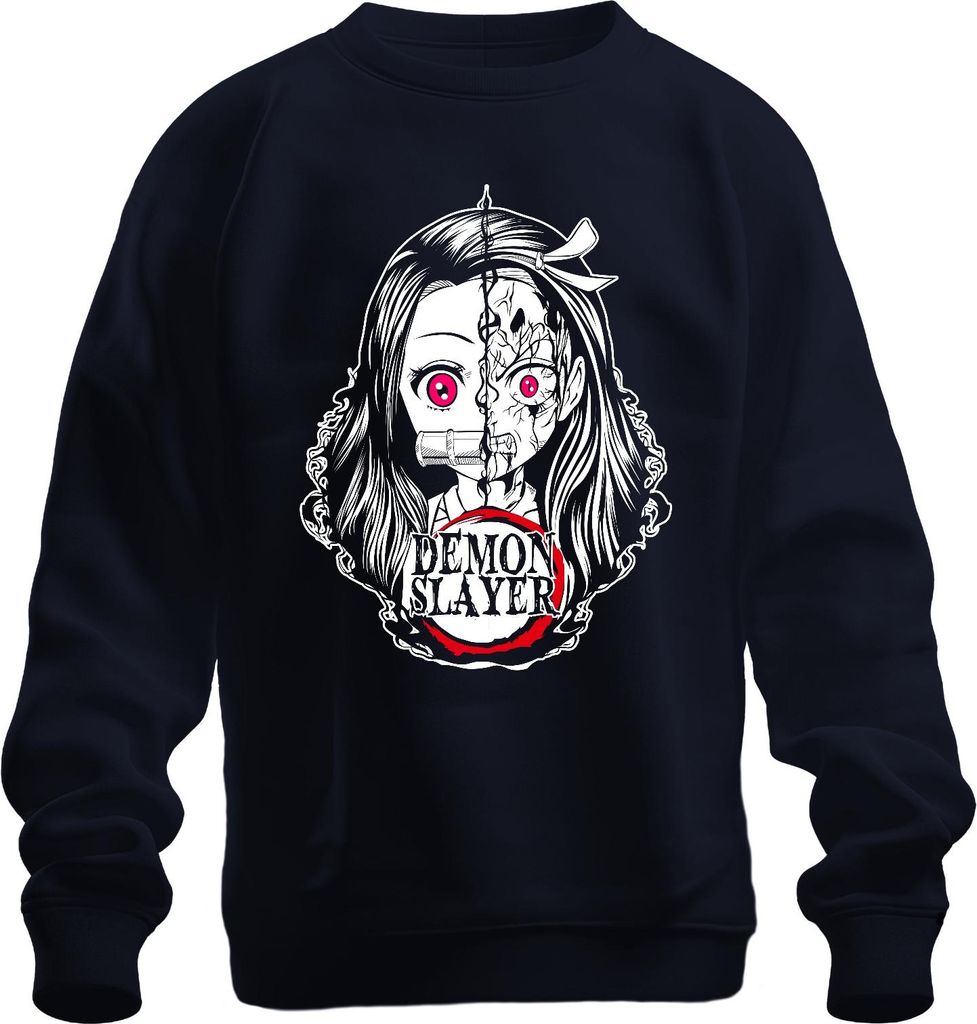 Demon Slayer Nezuko gespaltenes Gesicht Anime Horror Pink Augen Uni Sweatshirt Pullover, Navy, 3XL