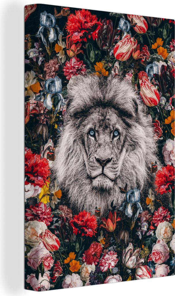 OneMillionCanvasses - Leinwandbilder - 90x140 cm, Löwe - Profil - Blumen, Wandbilder Kunstdruck Wanddekoration - Wandschmucke - Schlafzimmer