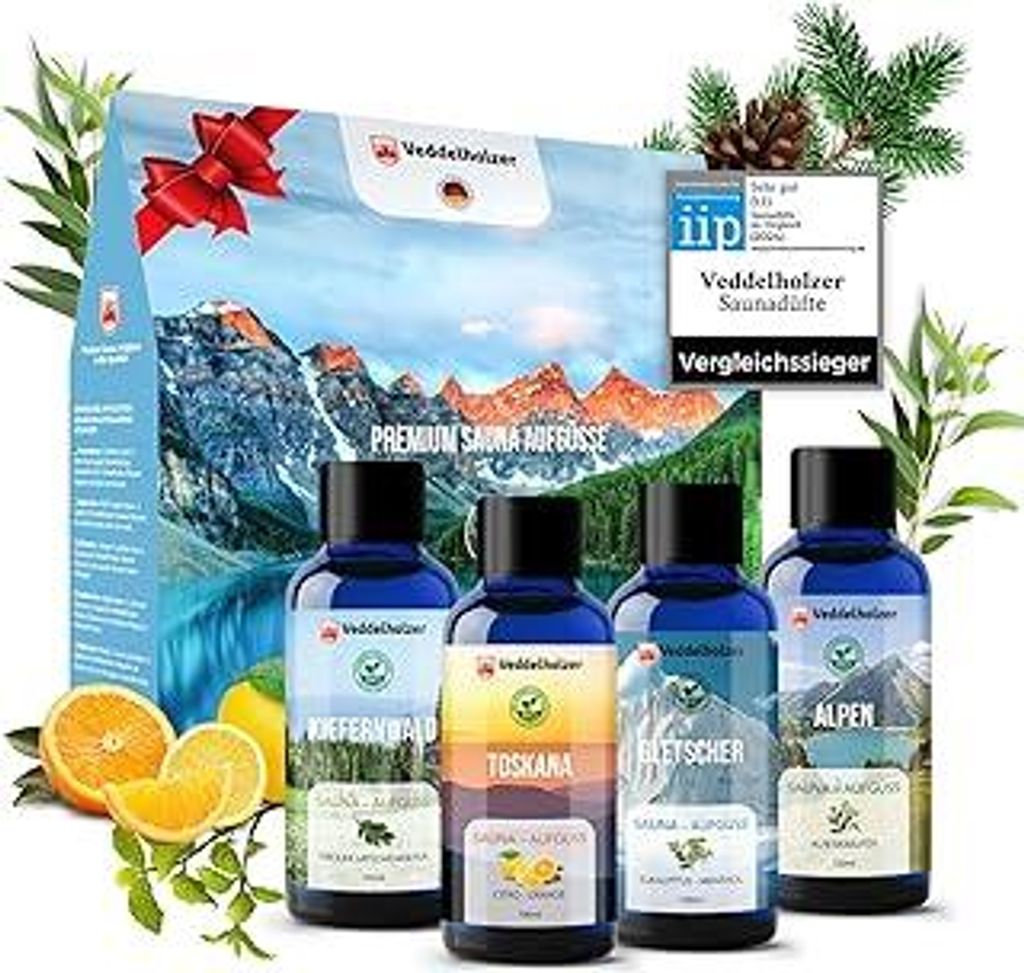 Veddelholzer Saunaaufguss aus 100% naturreinen ätherischen Ölen 4 x 100 ml verschiedene Saunaöle Saunaduft Sauna Zubehör als Geschenkset alles...