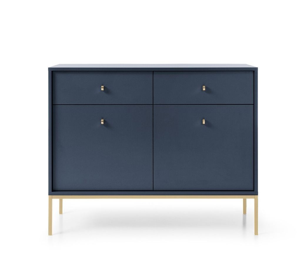 A dark blue cabinet with gold legs and handles, shown against a white background.