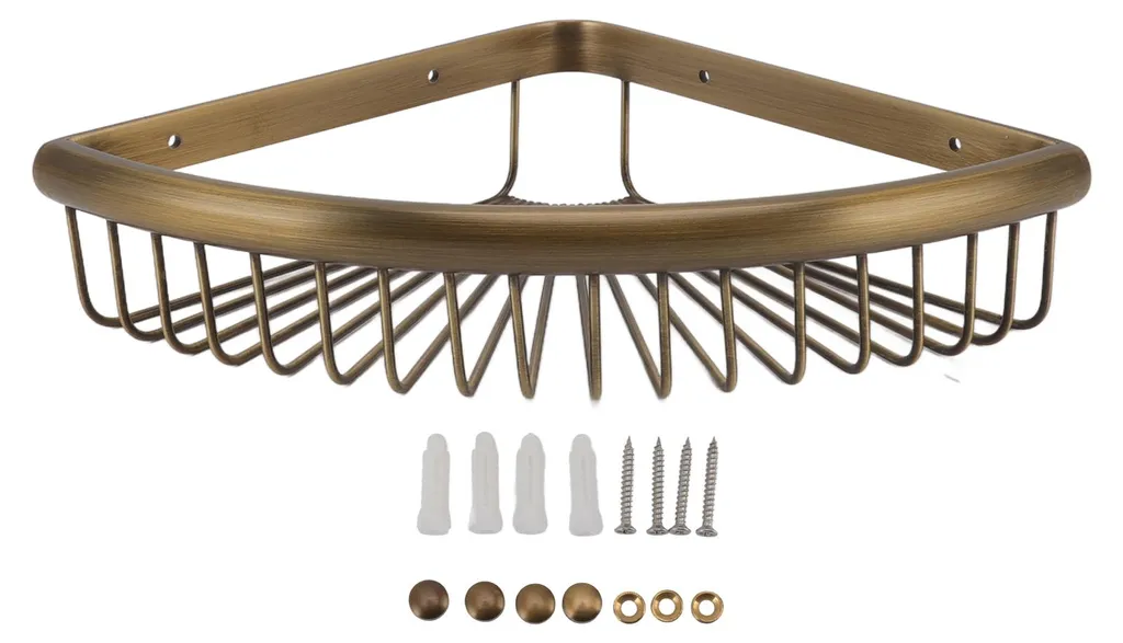 Rangement de douche d'angle style rétro en laiton vieilli 22cm de côté