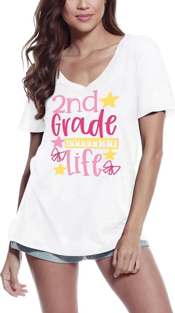 Damen Grafik T-Shirt V-Ausschnitt Leben in der 2 Klasse – 2nd Grade Life – Öko-Verantwortlich Vintage Jahrgang Kurzarm Lustige Druck Geburtstag