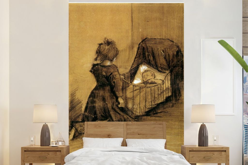 MuchoWow Fototapete für Wohnzimmer oder Schlafzimmer Wandtapete Vinyl Motivtapete Mädchen kniend bei einer Wiege - Vincent van Gogh - 195x300 c...