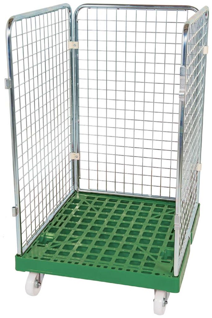 Rollbox mit Drahtgitterwänden, 3-seitig, Nutzhöhe 1020 mm, LxBxH 810x720x1200 mm, Bodenplatte aus HDPE, RAL 6024 verkehrsgrün