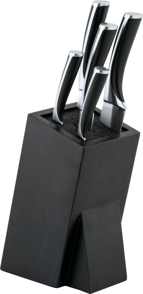 A set of knives in a black block.