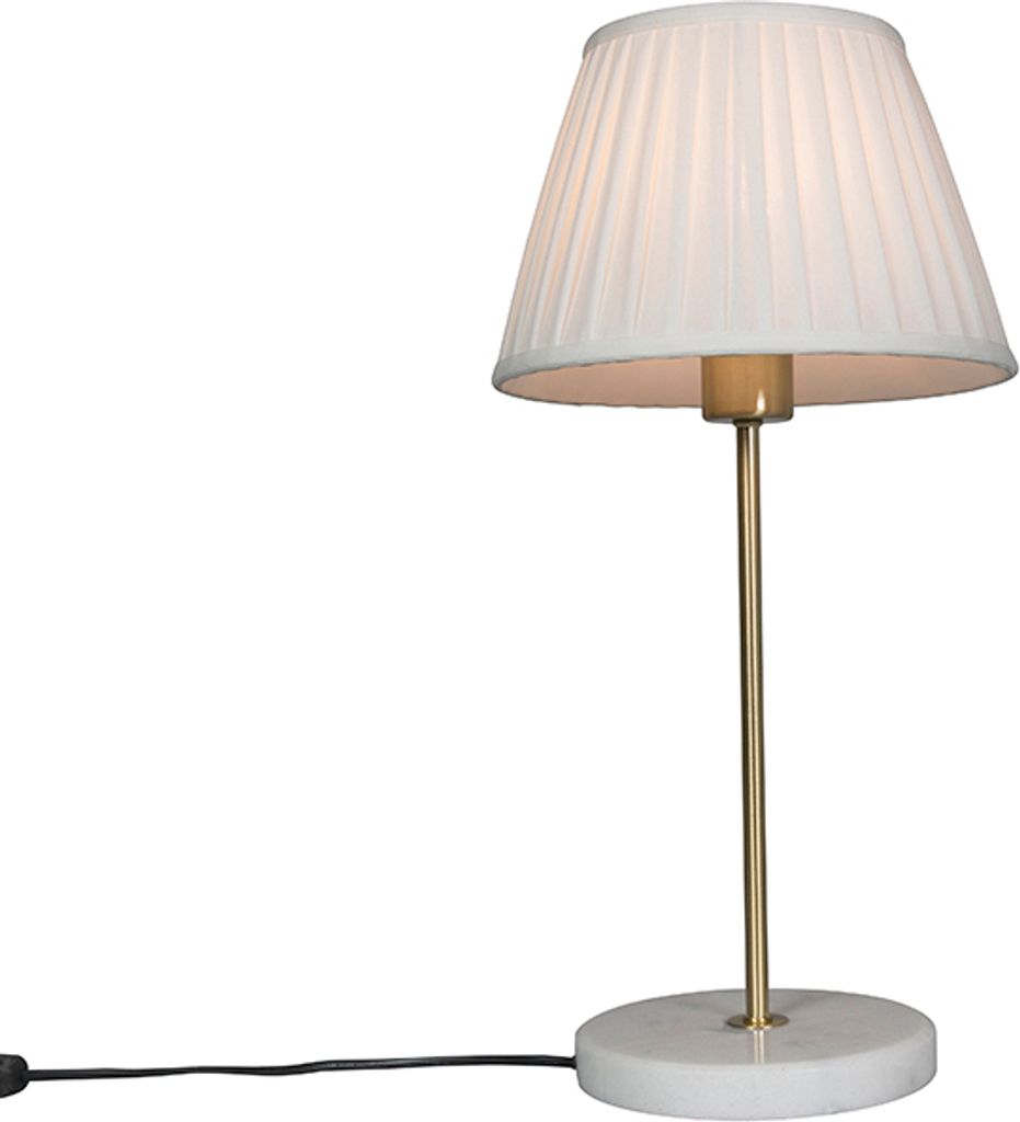 QAZQA - Retro Retro Tischlampe Messing mit Plissee Schirm Creme 25 cm - Kaso I Wohnzimmer I Schlafzimmer - Stahl Rund - LED geeignet E27