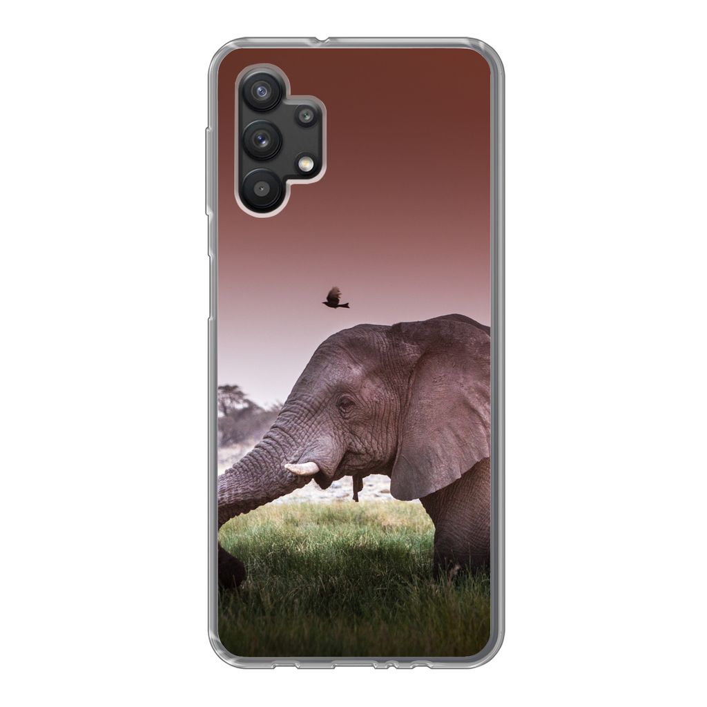 MuchoWow Handyhülle Schutzhülle Hülle für Samsung Galaxy A32 5G Elefant - Gras - Sonne - Tiere Silikon Softcase Handy Hülle - Softcase