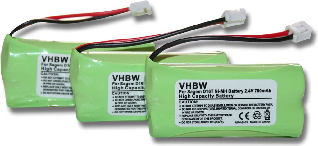vhbw 3x Akku kompatibel mit Sagem D16T, D16T Duo, D21T, D21V, D16T Duo 2, D18T schnurlos Festnetz Telefon (700 mAh, 2,4 V, NiMH)