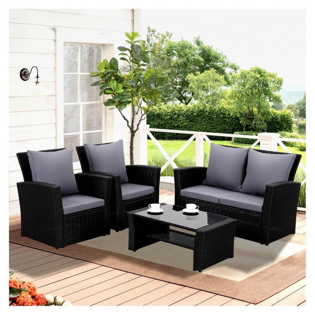 Balkonmöbel Set für 4 Personen aus Polyrattan, wetterfest mit 2-Sitzer Sofa, Sessel, Couchtisch, Auflagen und Kissen für Garten, Balkon und Terr...