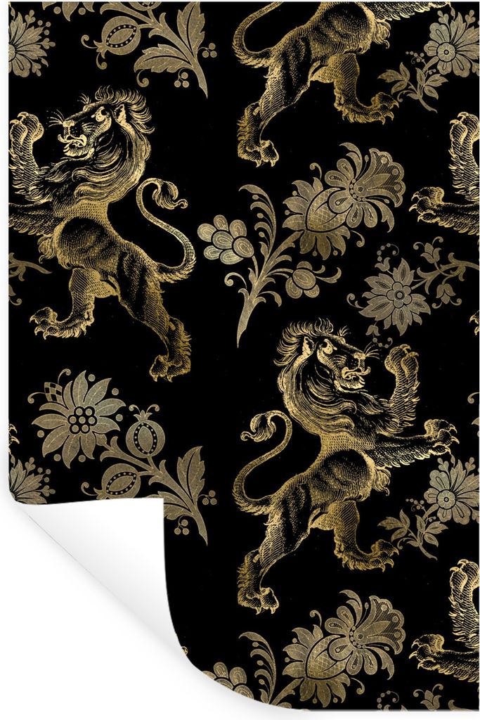 MuchoWow Wandtattoo Wandsticker Wandaufkleber Muster - Löwe - Gold - Schwarz 40x60 cm Selbstklebend und Repositionierbar - Wierderverwendbar - S...