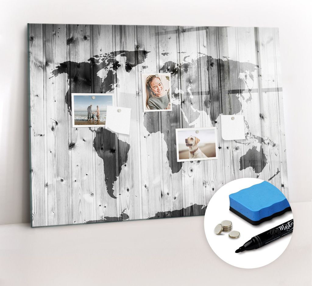 Magnetpinnwand Memoboard - Zubehörsatz - Schwarzer Marker + Schwamm + Magnete - 100 x 70 cm - Weltkarte auf Holz