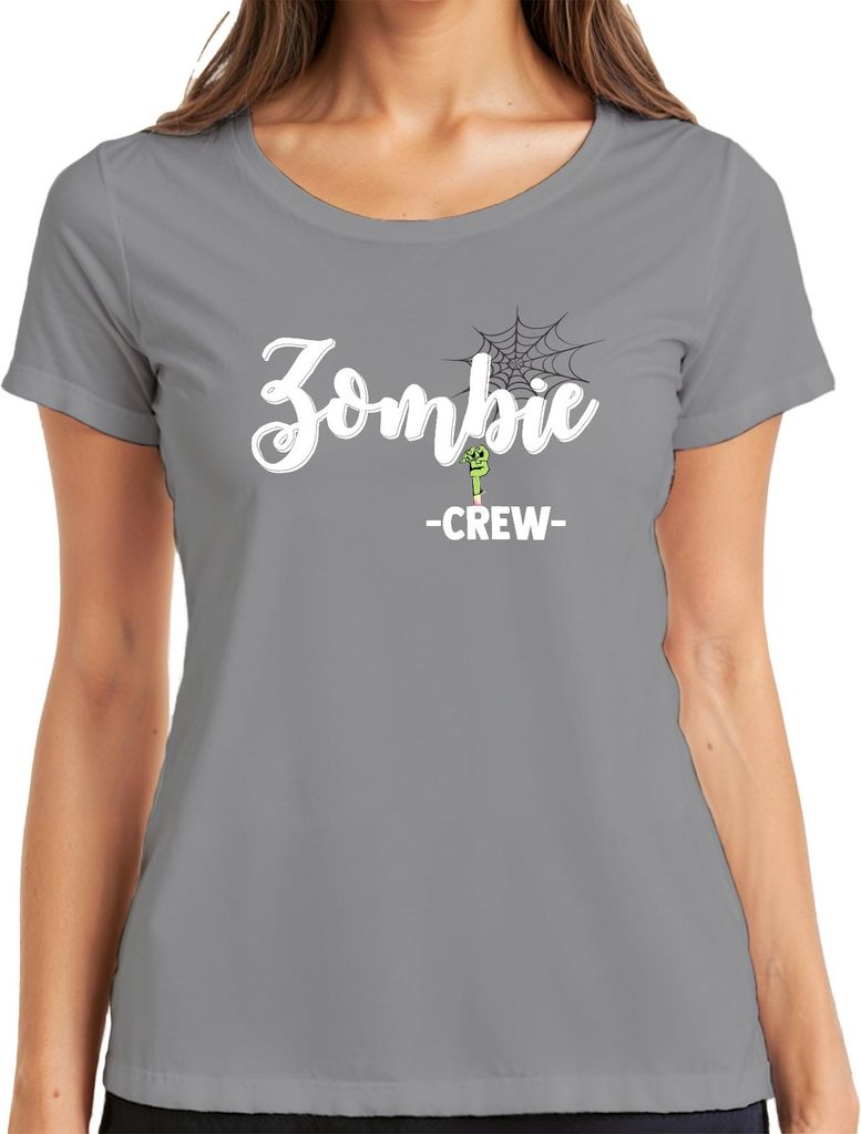 Zombie -CREW- Halloween Grusel Untote Spuk Zombiefan Spinnenweben Damen T-Shirt, Grau, 3XL