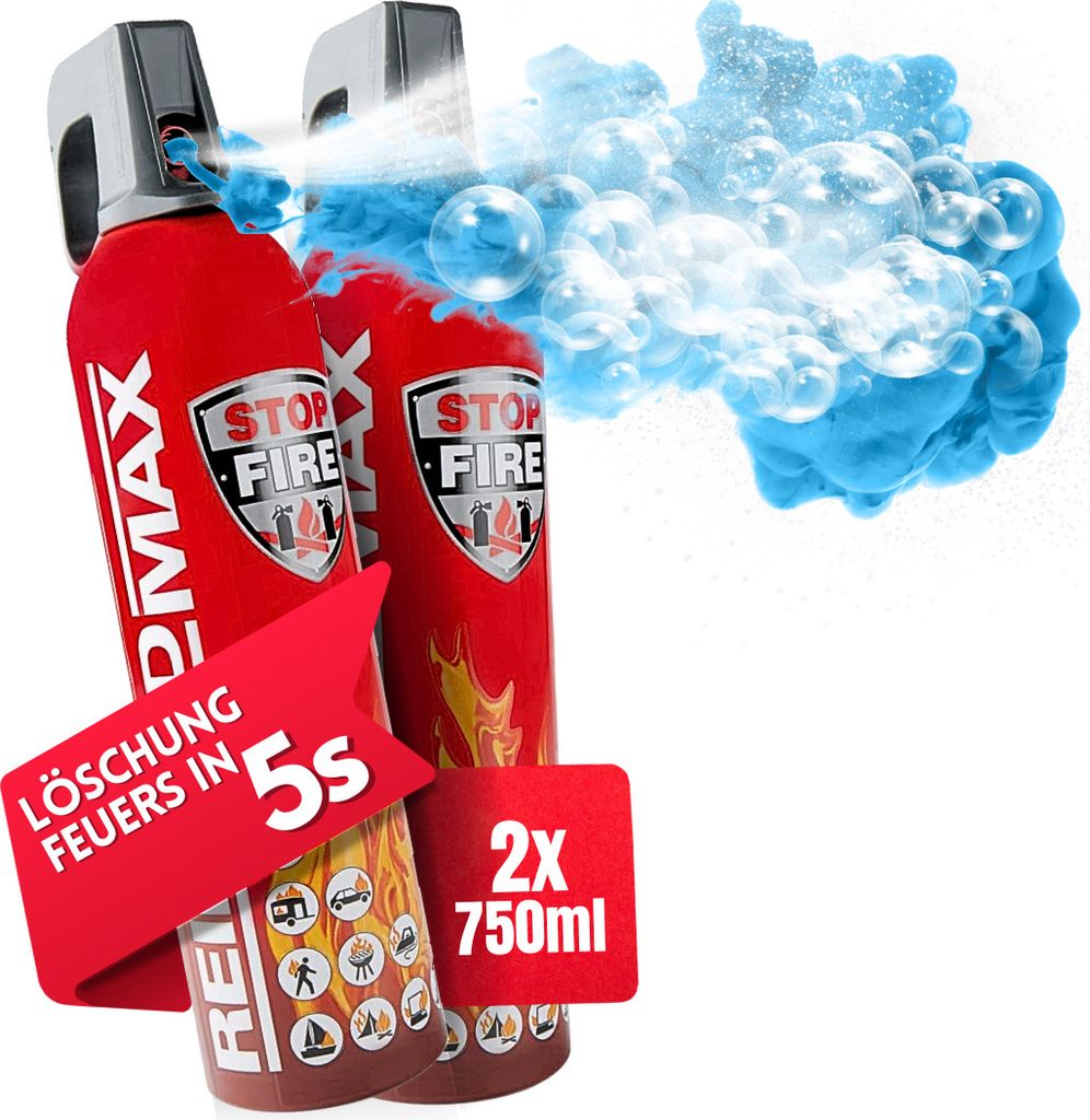notlok Safety Work - 2x 750ml Feuerlöschspray | Klein Feuerlöscher Haushalt: Küche, Auto | Feuerlöscher Schaum löscht Feuer A B E F | Fettbran...