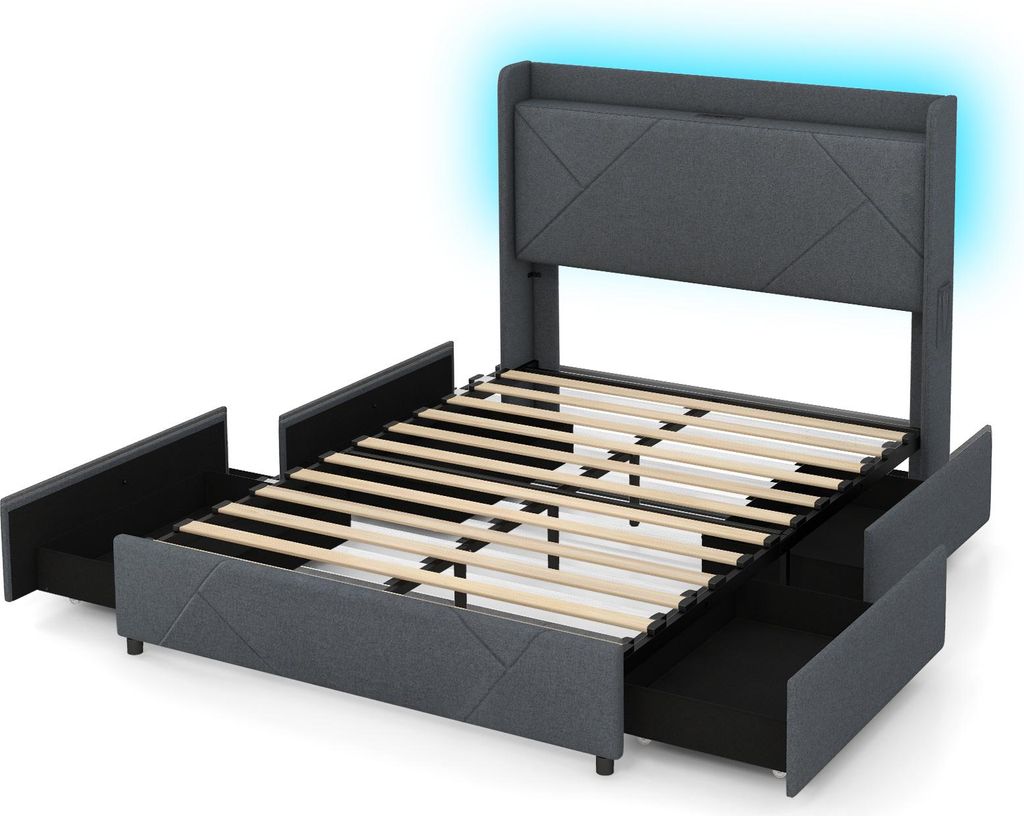 COSTWAY Doppelbettgestell mit LEDs, Ladestation, Kopfteil, 2 Taschen & 4 Schubladen, gepolstertes Plattformbett Bettrahmen Bettgestell 200x140cm grau