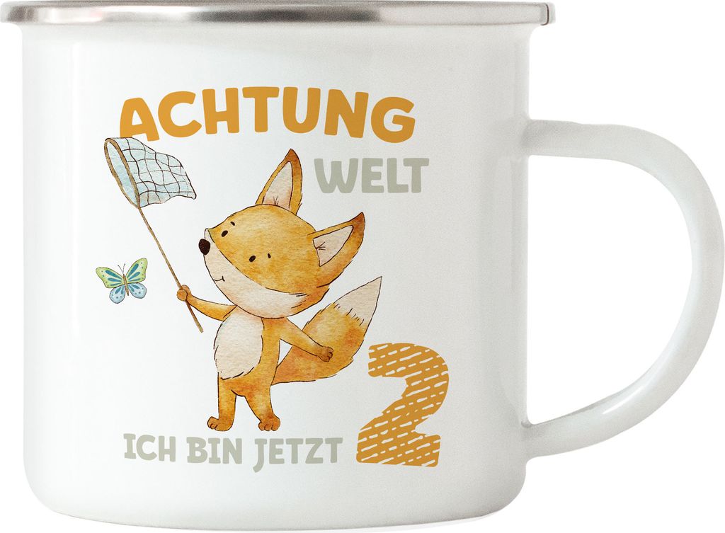 Achtung Welt Ich Bin Jetzt Zwei Emaille Tasse 2. Geburtstag 2 Jahre Fuchs Schmetterling Geburtstagskind Alles Gute