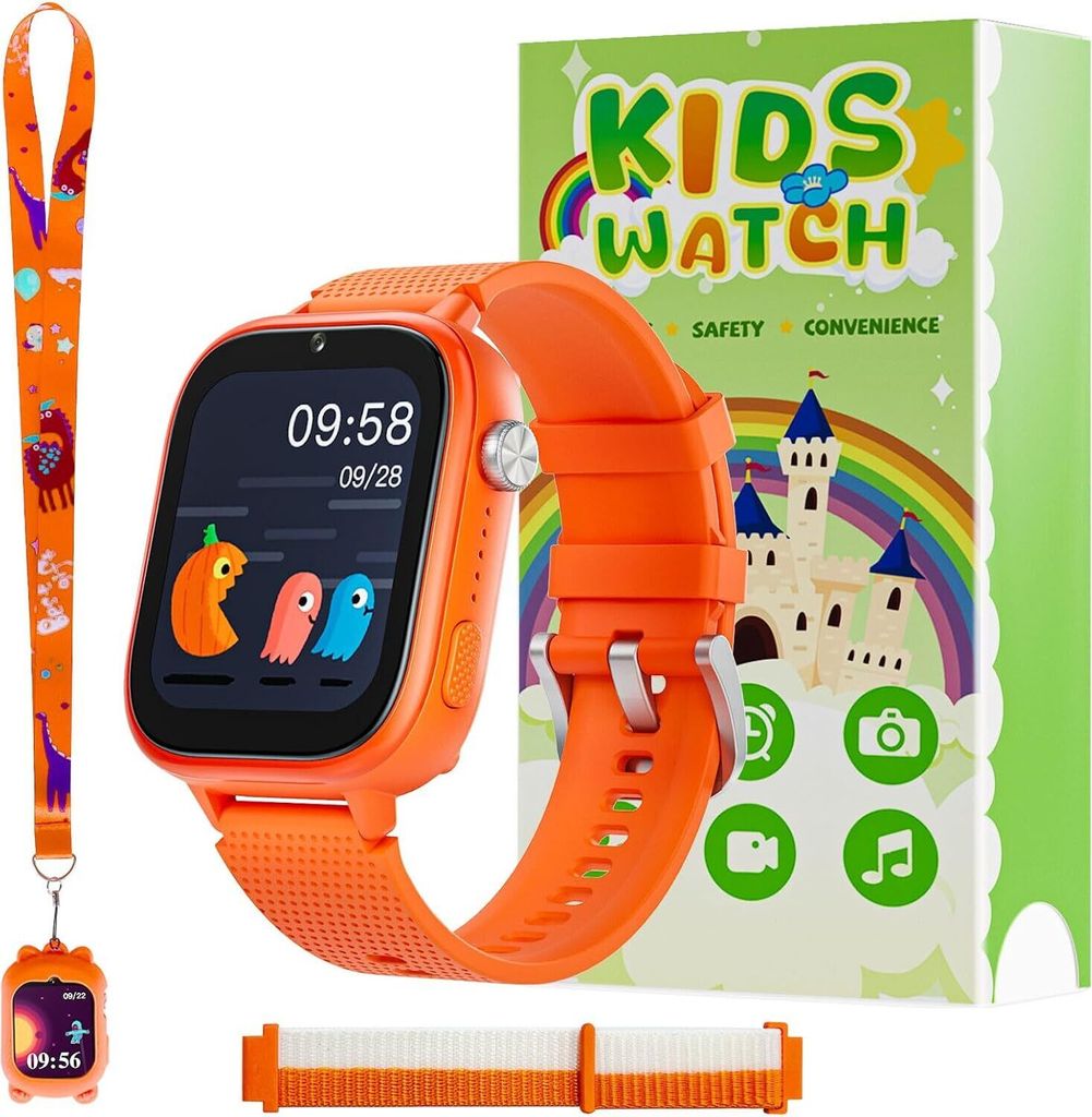 4G Kinder-Smartwatch mit GPS und Telefon, Armbanduhr für Kinder, Jungen und Mädchen, mit Videoanruf, Nachrichten, Schulmodus, SOS-Funktion, Kamera