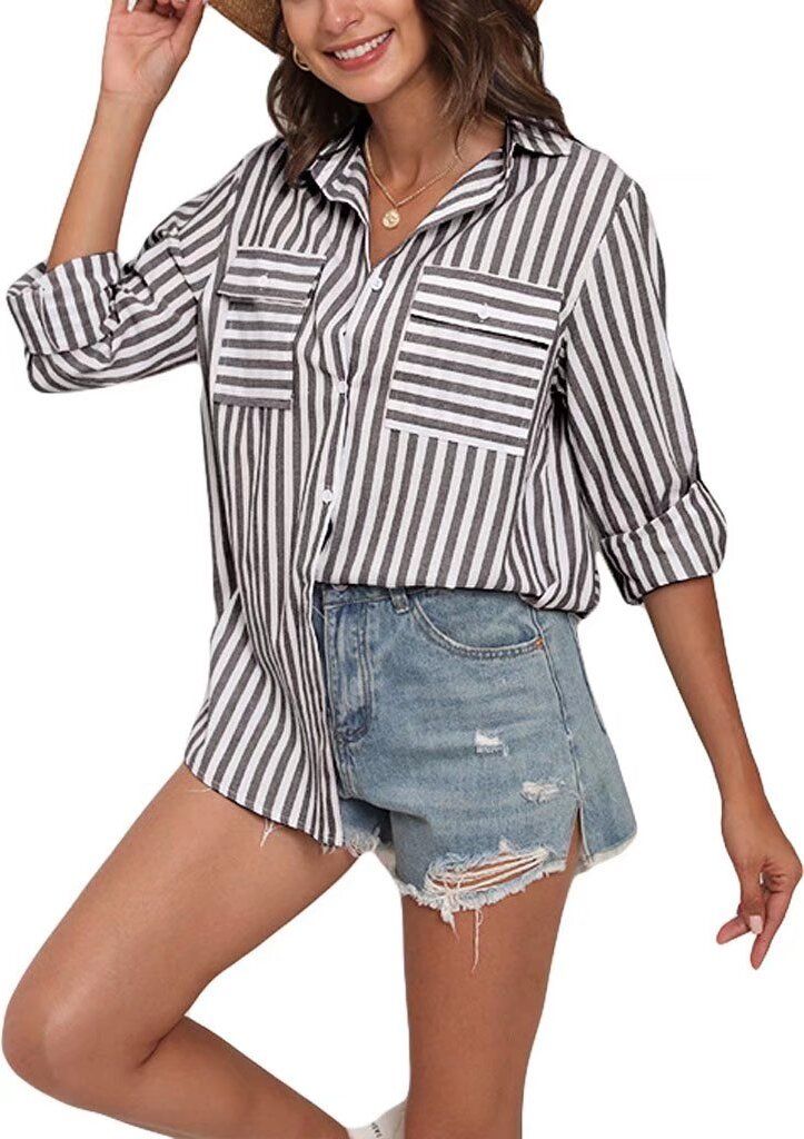 ASKSA Damen Bluse Langarm Streifen Knöpfen Hemd Oberteile Baumwolle Leinen V-Ausschnitt Casual Lose Shirts, Grau, XL