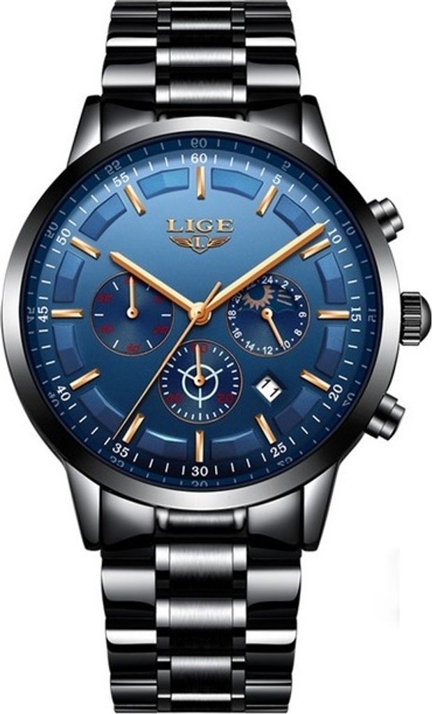 Elegante LIGE Steel Uhr - Schwarz / Blau für Herren KP4055