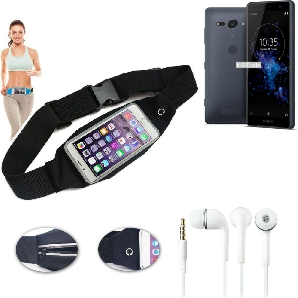 K-S-Trade Bauchtasche Gürteltasche kompatibel mit Sony Xperia XZ2 Compact schwarz + Kopfhörer. Sport Running Jogging Fitness Laufen Umhängetasche