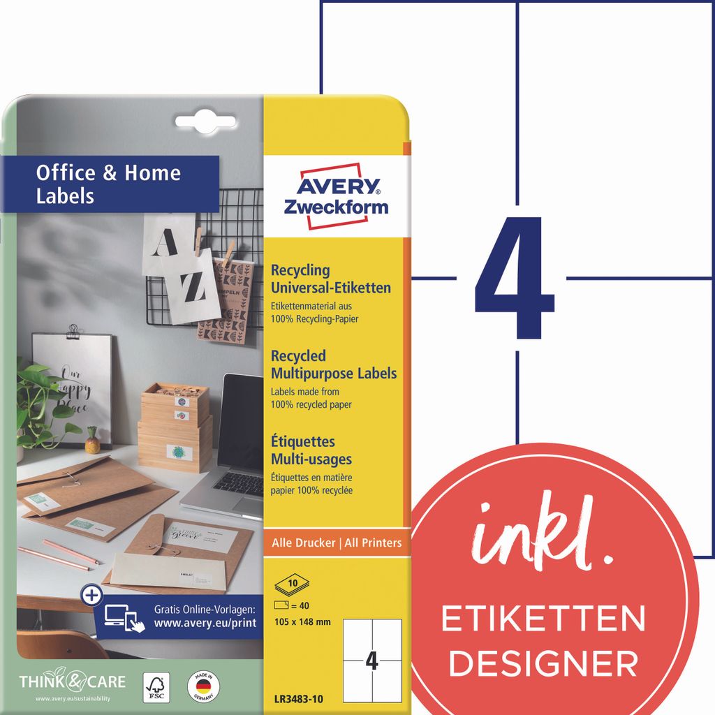 Avery Zweckform LR3483-10, Recycling Etiketten, Home Office, Kleinpackung, A4, 105 x 148 mm, 40 Etiketten / 10 Bögen, naturweiß