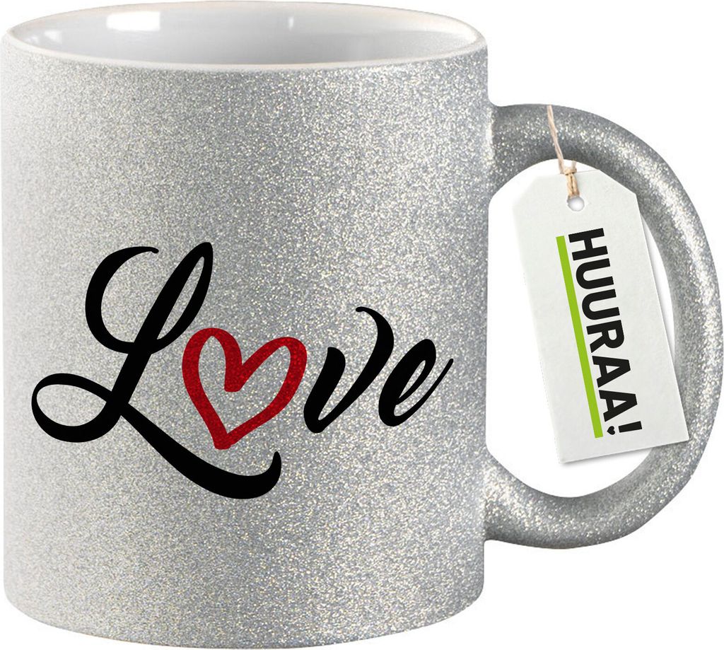 Huuraa Glitzertasse Love Herz Hearth 330ml Silber Keramik Kaffeebecher Geschenkidee