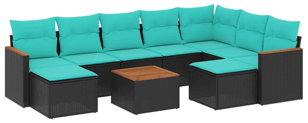 vidaXL 10-teiliges Gartensofa-Set mit Kissen, schwarzes Polyrattan