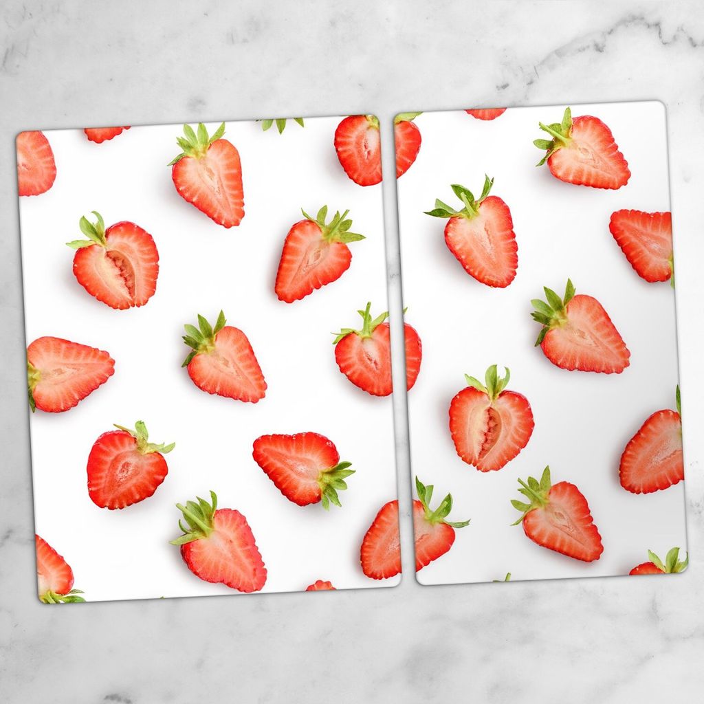 Glas-Herdabdeckplatten Glaskeramikkochfeld-Abdeckung Spritzschutz Schneidebrett Zweiteilige Glas 70x52 cm Früchte Erdbeeren