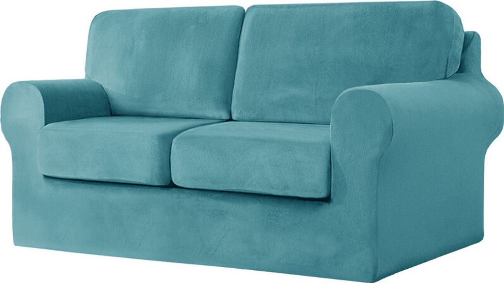 (Blau Grün) 5-teiliger Stretch-Sofabezug, 2-Sitzer-Couchbezug mit separaten Rückenlehnen und Kissen mit Gummiband