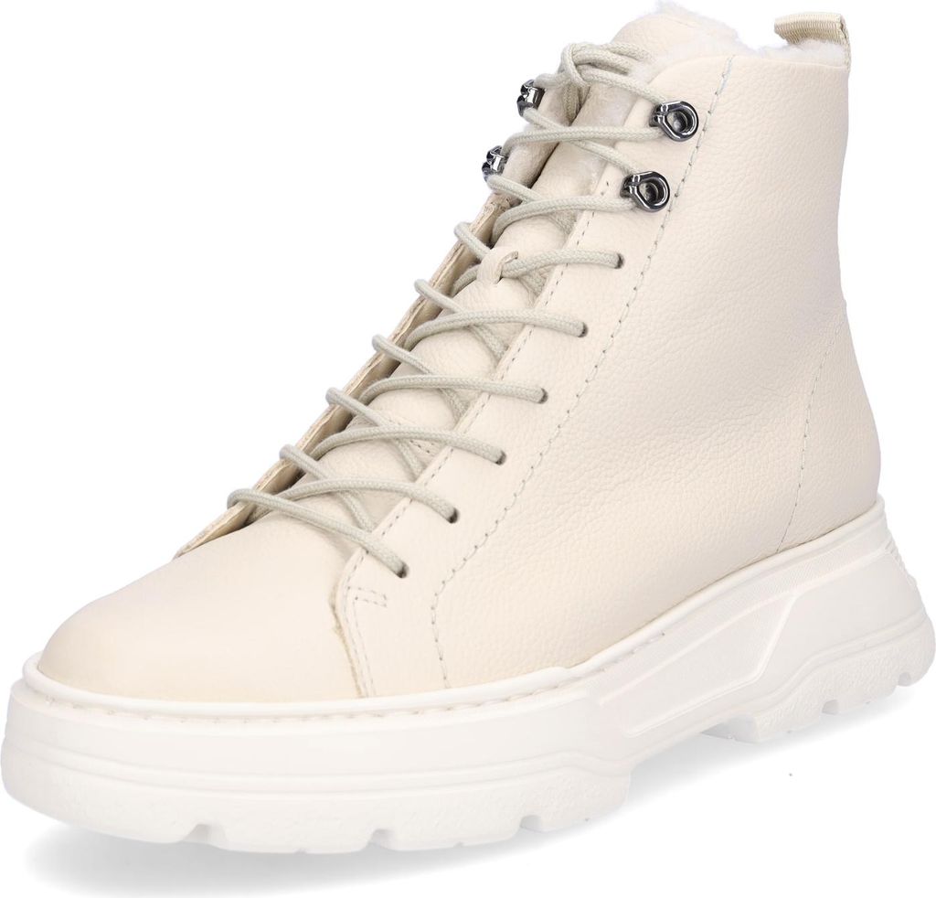 A studio shot of a beige high-top boot.